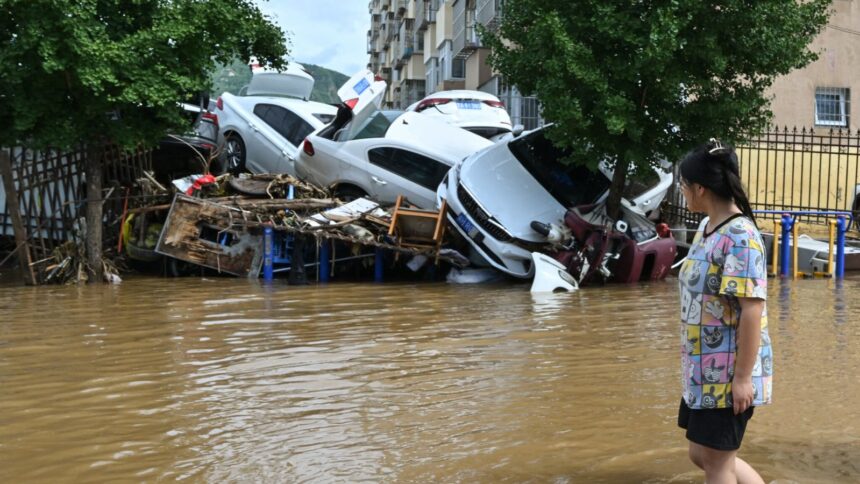 A woman looking at a pile of cars swept away by the heavy rains hitting China