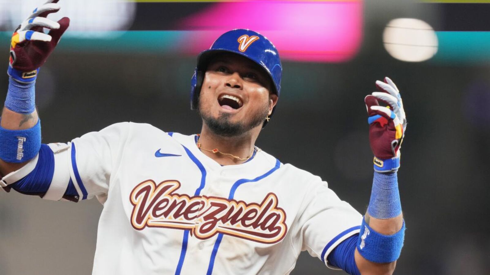 The Venezuelan hitter celebrating after winning the World Series championship