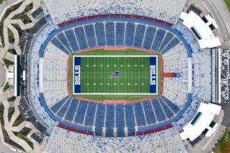 An aerial view of the Bills’ new stadium, showing the entire field and its massive stands