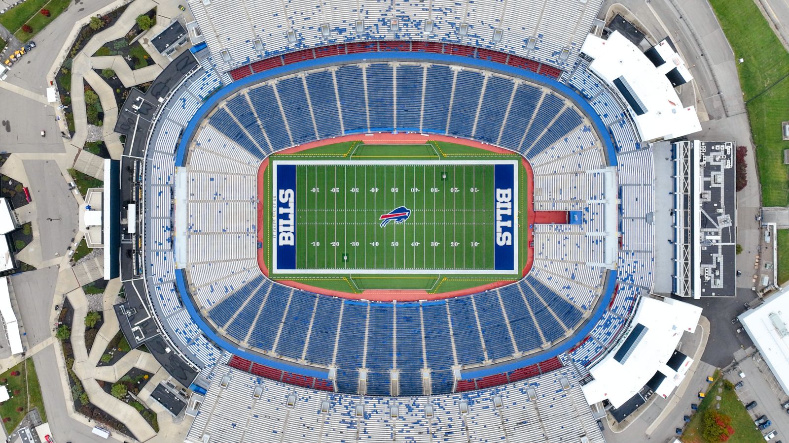 An aerial view of the Bills’ new stadium, showing the entire field and its massive stands