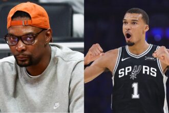 "On one side, Bosh wearing an orange cap and staring directly at the camera, and on the other, the French player celebrating passionately