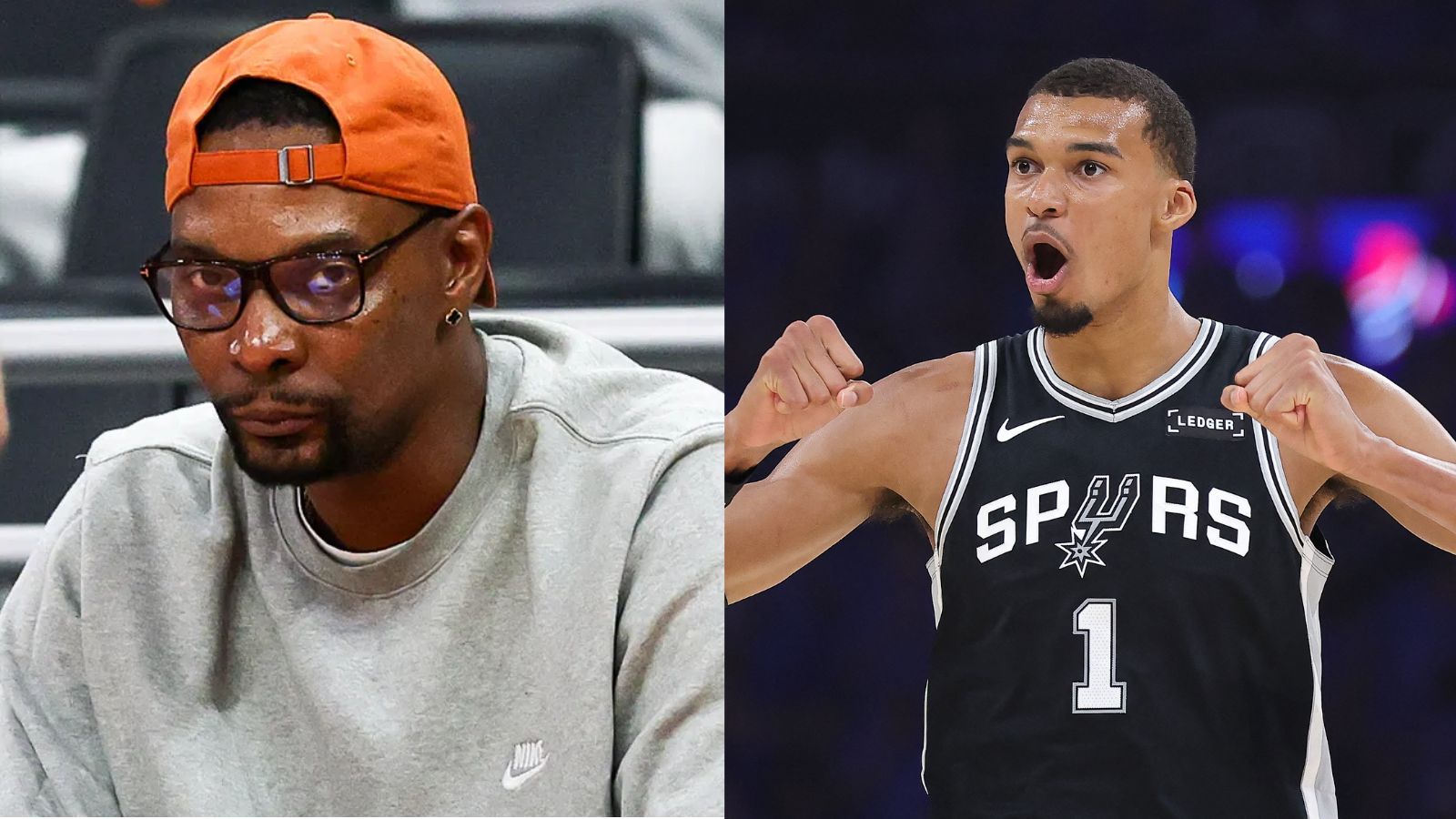 "On one side, Bosh wearing an orange cap and staring directly at the camera, and on the other, the French player celebrating passionately