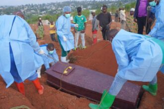 Several doctors burying multiple Ebola victims in a large field spanning many acres