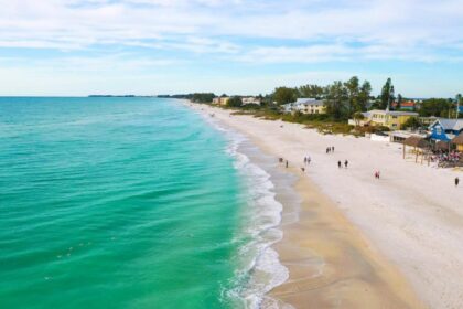 A beautiful Florida beach with crystal-clear blue water and several waterfront homes with direct beach access