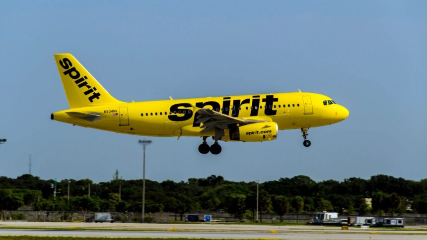 A Spirit Airlines plane taking off after departing from an airport runway