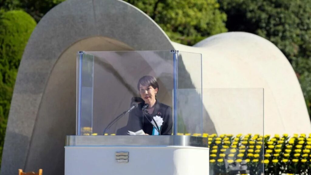 Japan’s Prime Minister delivering a speech commemorating the attacks on Hiroshima and Nagasaki