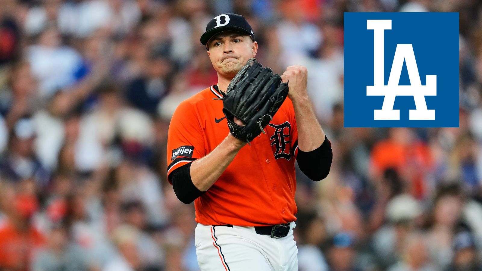 "Skubal celebrating with his fists clenched after a dominant outing on the mound