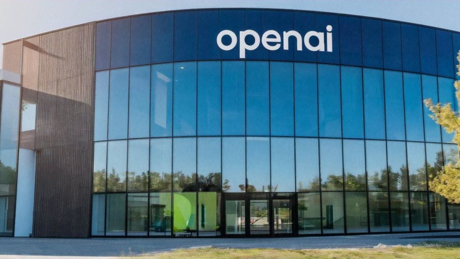 A panoramic view of OpenAI's headquarters featuring a modern glass façade with numerous windows and the company name displayed prominently in white on the building