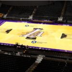 An aerial, overhead view of the Lakers’ basketball court