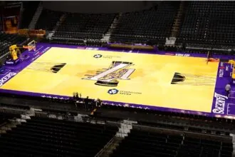 Patrick Soon-Shiong keeps his 4% Lakers stake amid ownership shake-up An aerial, overhead view of the Lakers’ basketball court