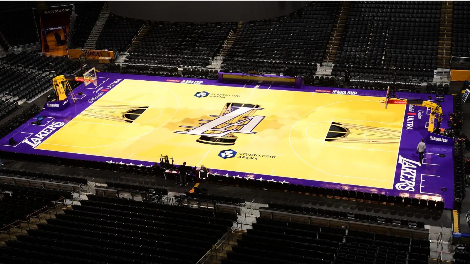 An aerial, overhead view of the Lakers’ basketball court
