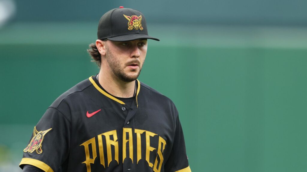 Paul skenes raises concerns for the Pirates as his velocity drops again The incredible pitcher with a worried look on his face while standing on the mound