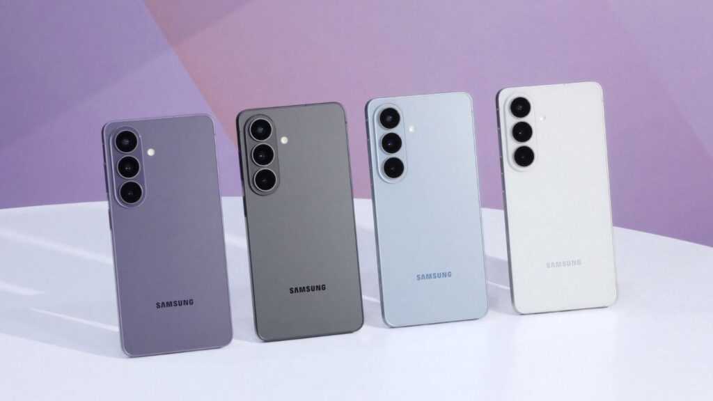 Four Samsung smartphones displayed at a convention