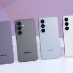 Four Samsung smartphones displayed at a convention