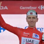 The well-known cyclist celebrating after winning one of the stages of the Vuelta a España