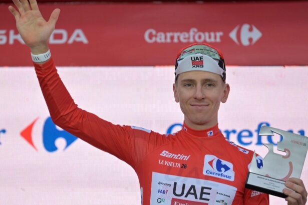The well-known cyclist celebrating after winning one of the stages of the Vuelta a España