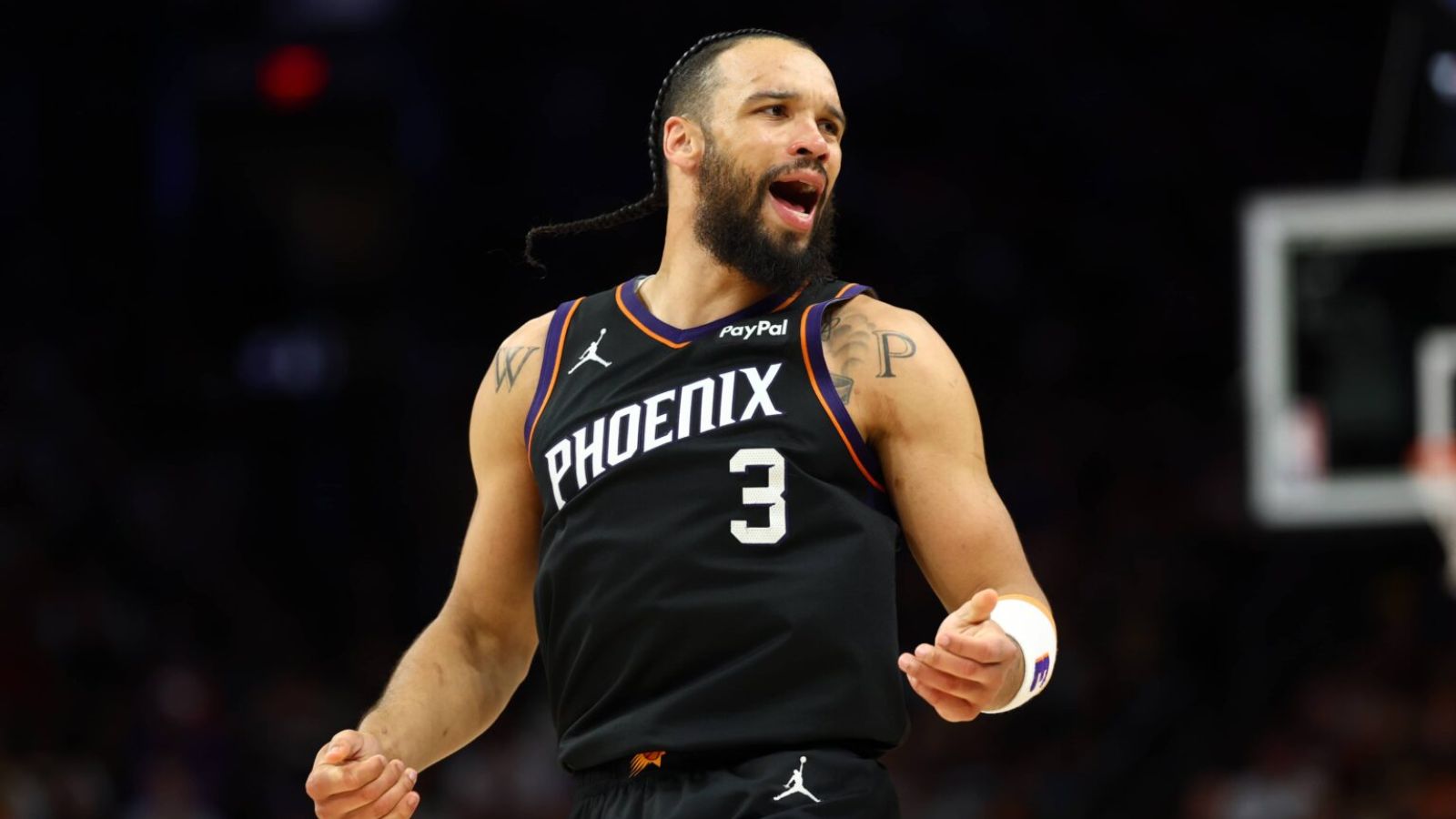 The Canadian star celebrating a game-winning basket with an emotional reaction as the crowd erupts in celebration