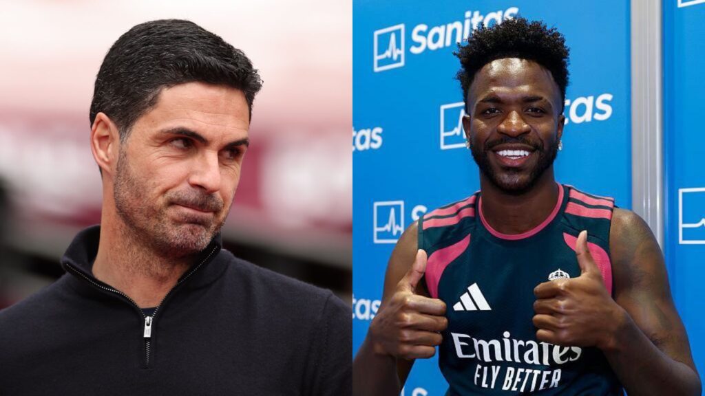 Transfer bombshell! Arsenal dream of signing Vinícius Jr. at Mikel Arteta's request On one side, the Brazilian player giving a thumbs-up, and on the other, Arteta looking at him with a happy expression