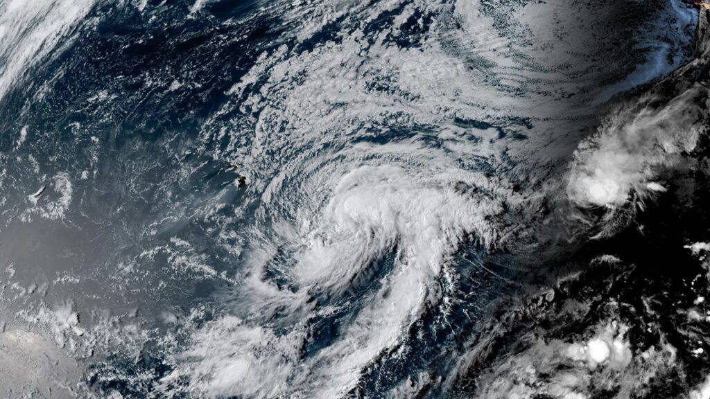 A satellite view of the powerful storm moving along the coast of Hawaii