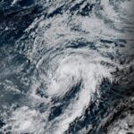 A satellite view of the powerful storm moving along the coast of Hawaii
