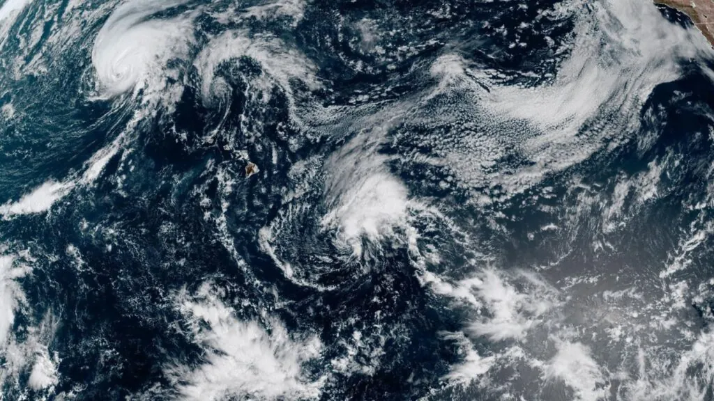 A panoramic view from space of the storm passing near Hawaii