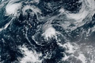 A panoramic view from space of the storm passing near Hawaii