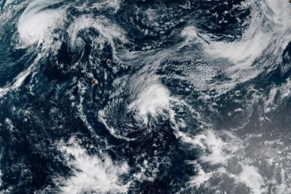 A panoramic view from space of the storm passing near Hawaii
