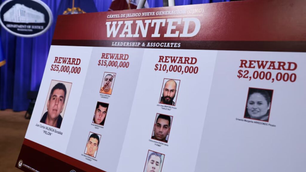 A wanted poster displayed at the White House in the United States, showcasing the multi-million-dollar rewards offered for the fugitives