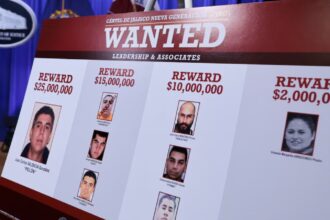 A wanted poster displayed at the White House in the United States, showcasing the multi-million-dollar rewards offered for the fugitives