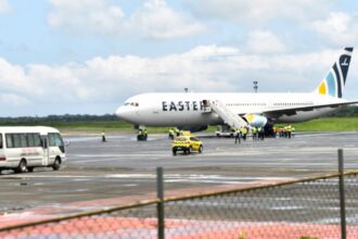 United States sends 20 deportees to Liberia as part of controversial migration agreement An airplane being boarded by several people who will be deported to Liberia