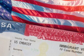 A United States visa placed on top of an American flag