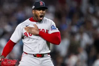 The veteran pitcher celebrating euphorically after an incredible save
