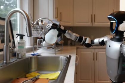 A humanoid robot cleaning a kitchen until it is spotless