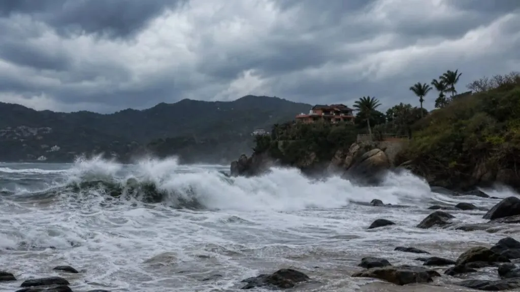 The rough sea crashing against a rocky wall supporting a house