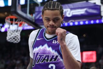 Keyonte George secures $157.5 million deal with the Utah Jazz Keyonte celebrating with his fist after making an important basket