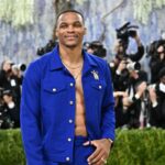 Russell Westbrook surprises after retirement and joins new Project B League Russell posing for the cameras in a blue outfit at the Met Gala
